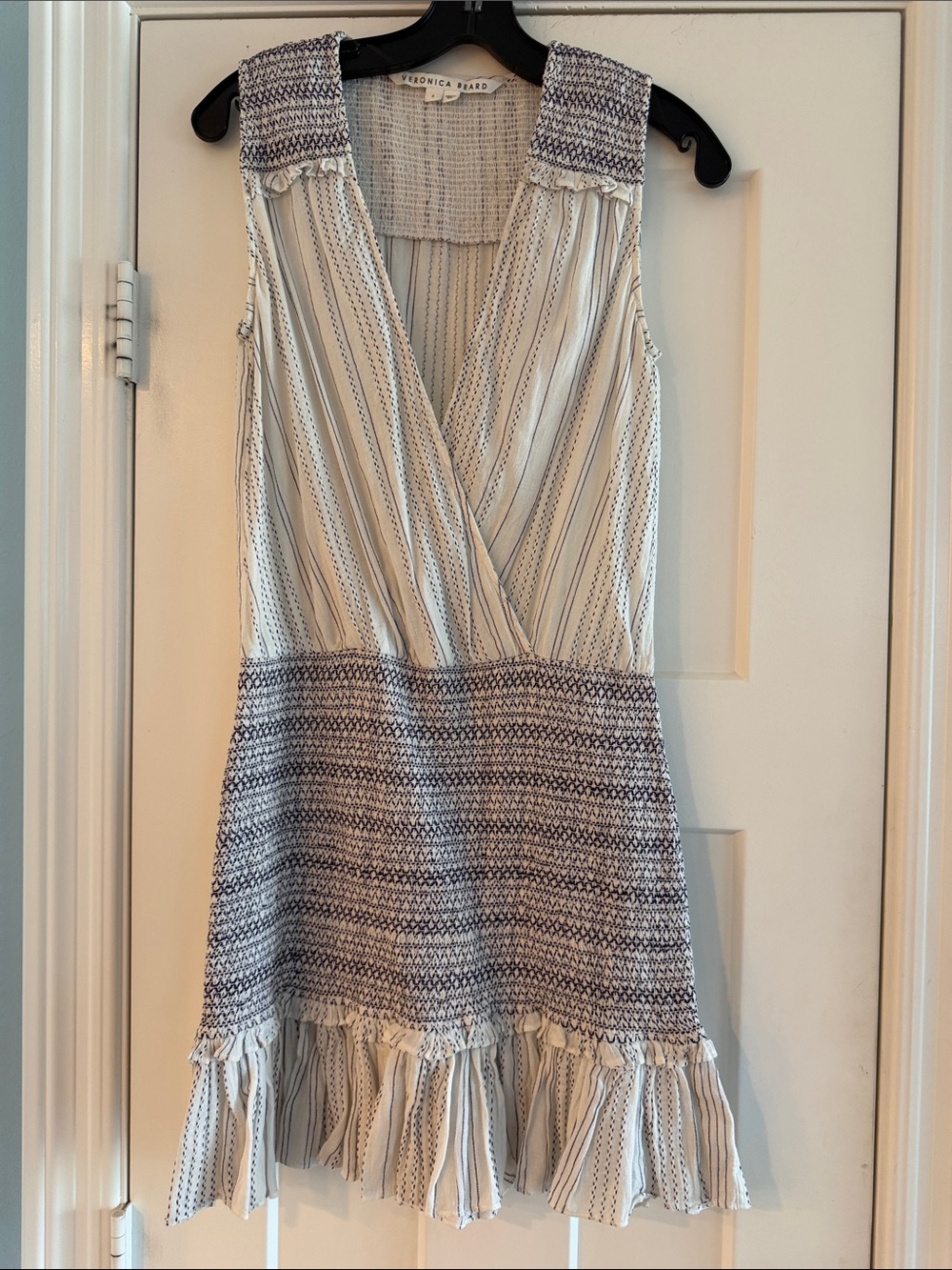 Veronica Beard White and Navy Striped Smocked Waist Mini Dress